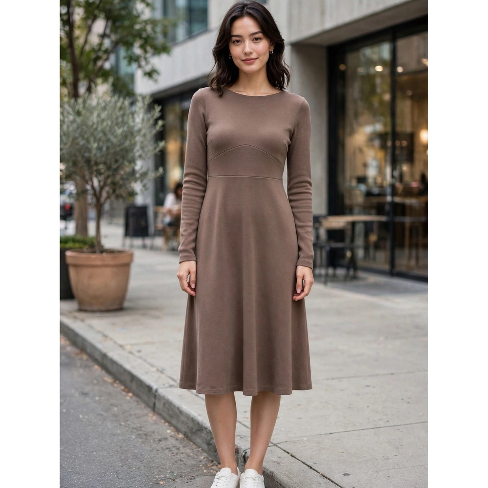 Uniqlo Brown Long Sleeve Boat Neck Fit and Flare Midi Dress 463428 Mens Size M